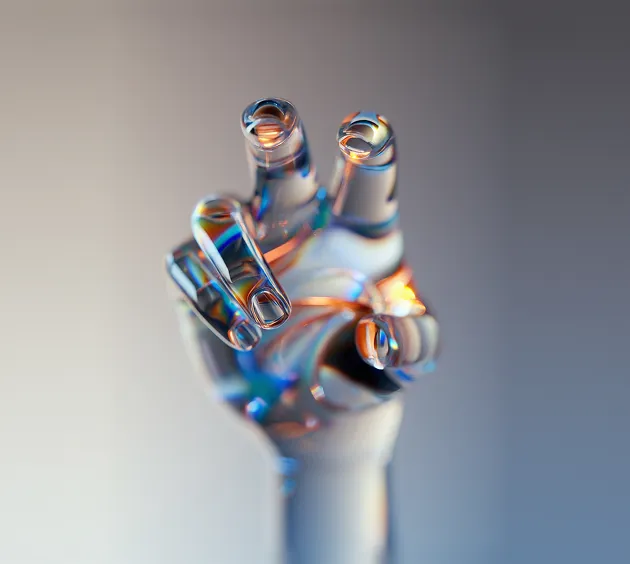 Transparent glass hand sculpture with fingers slightly curled, showing colorful light reflections.